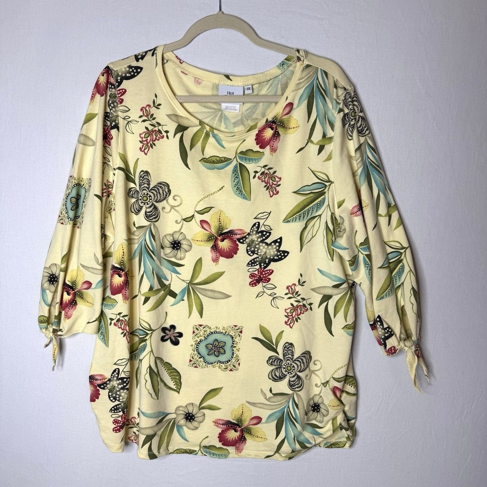 Hot Cotton Floral Top Sz 1X XL Garden‎ Colorful 3/4 Slv Tie Summer Nature Yellow - Picture 2 of 9